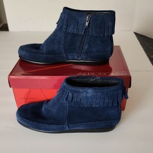 AEROSOLES Blue Ankle Booties with Fringe Detail